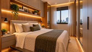 Quarto de casal pequeno com decoração funcional