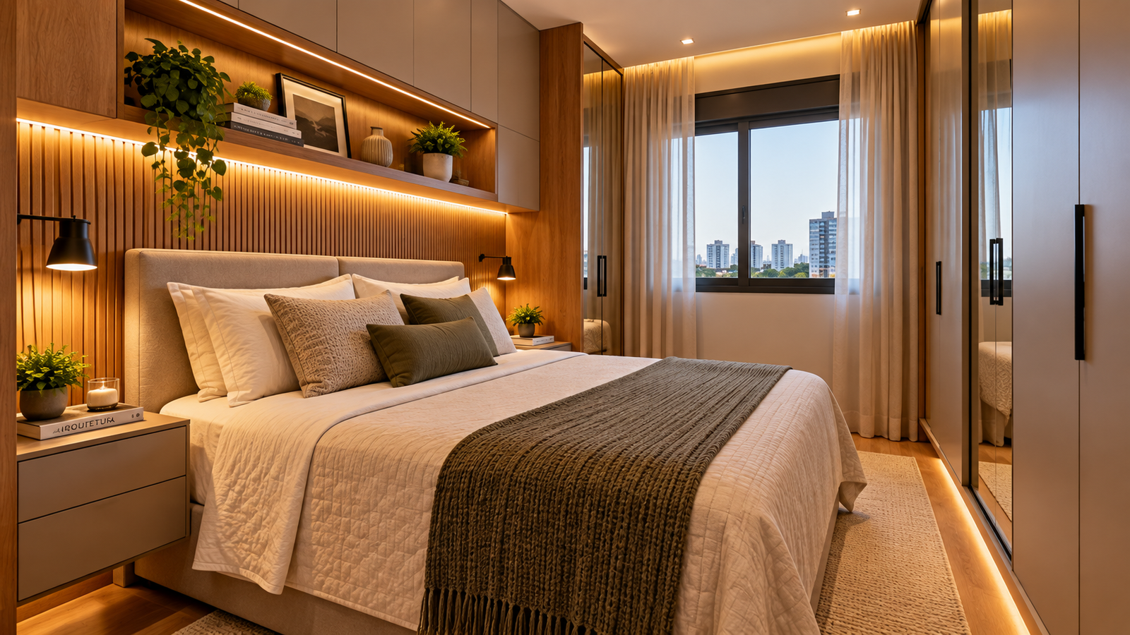 Quarto de casal pequeno com decoração funcional