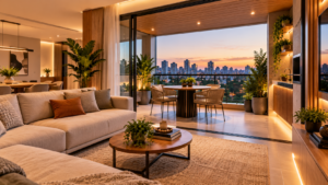 Varanda de apartamento decorada e integrada à sala