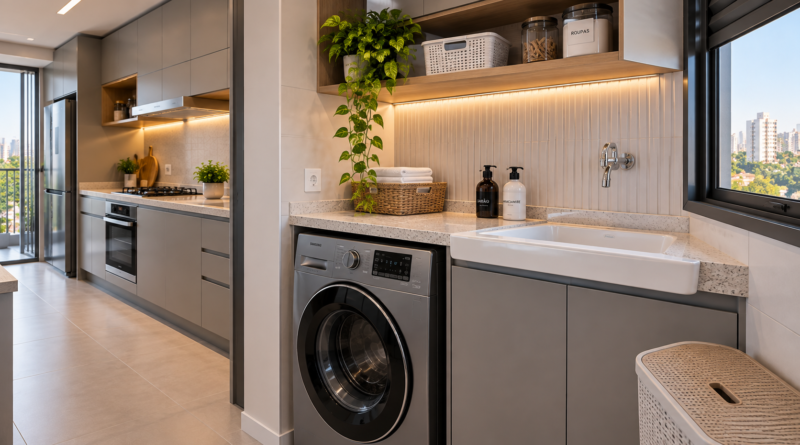 Área de serviço integrada à cozinha de um apartamento brasileiro