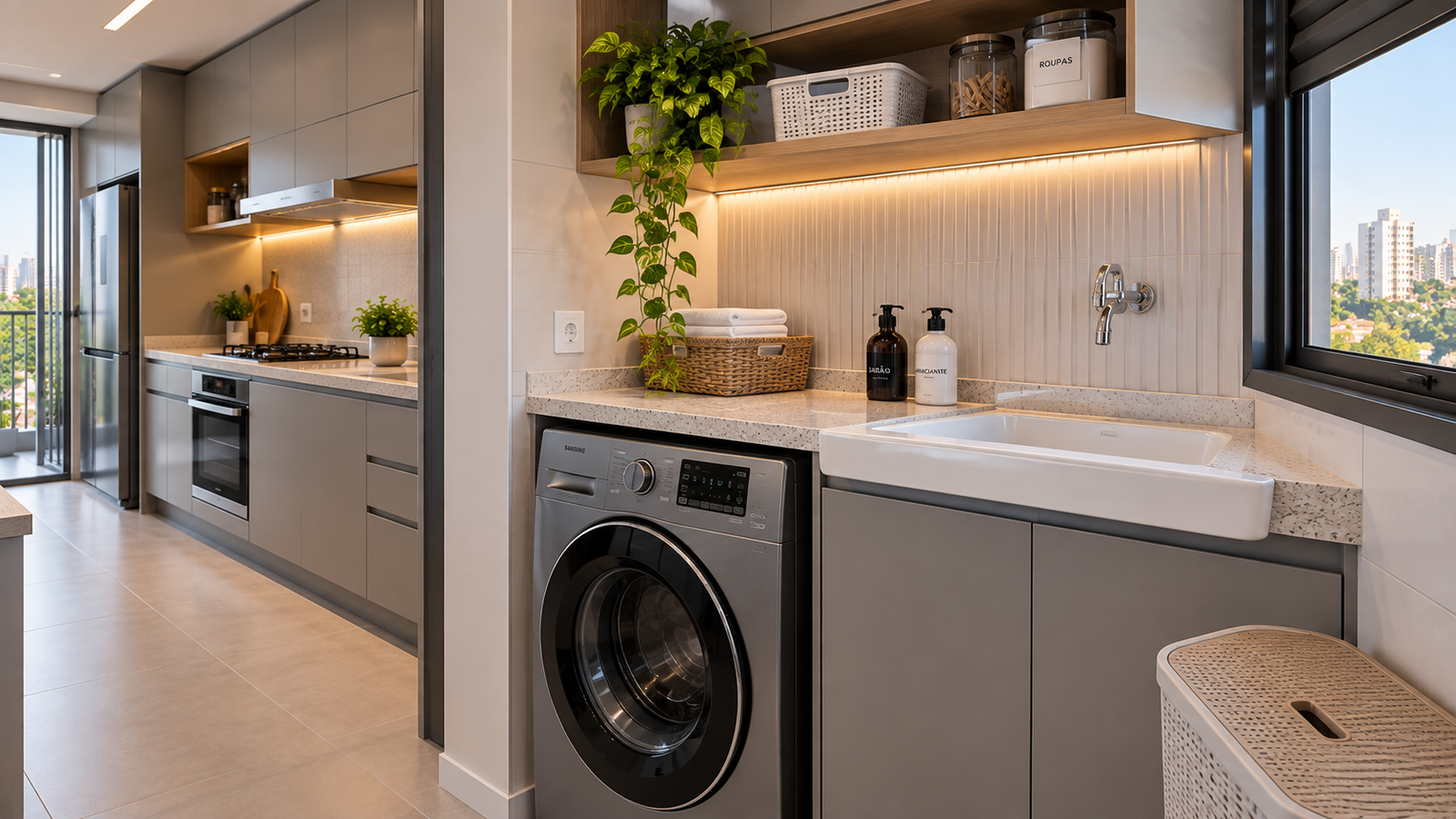 Área de serviço integrada à cozinha de um apartamento brasileiro