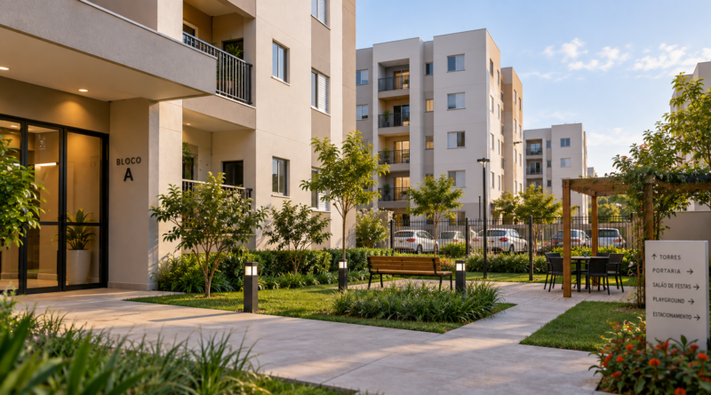 Edifício residencial com apartamentos e áreas comuns compartilhadas