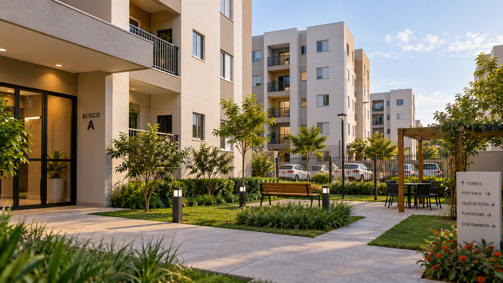 Edifício residencial com apartamentos e áreas comuns compartilhadas