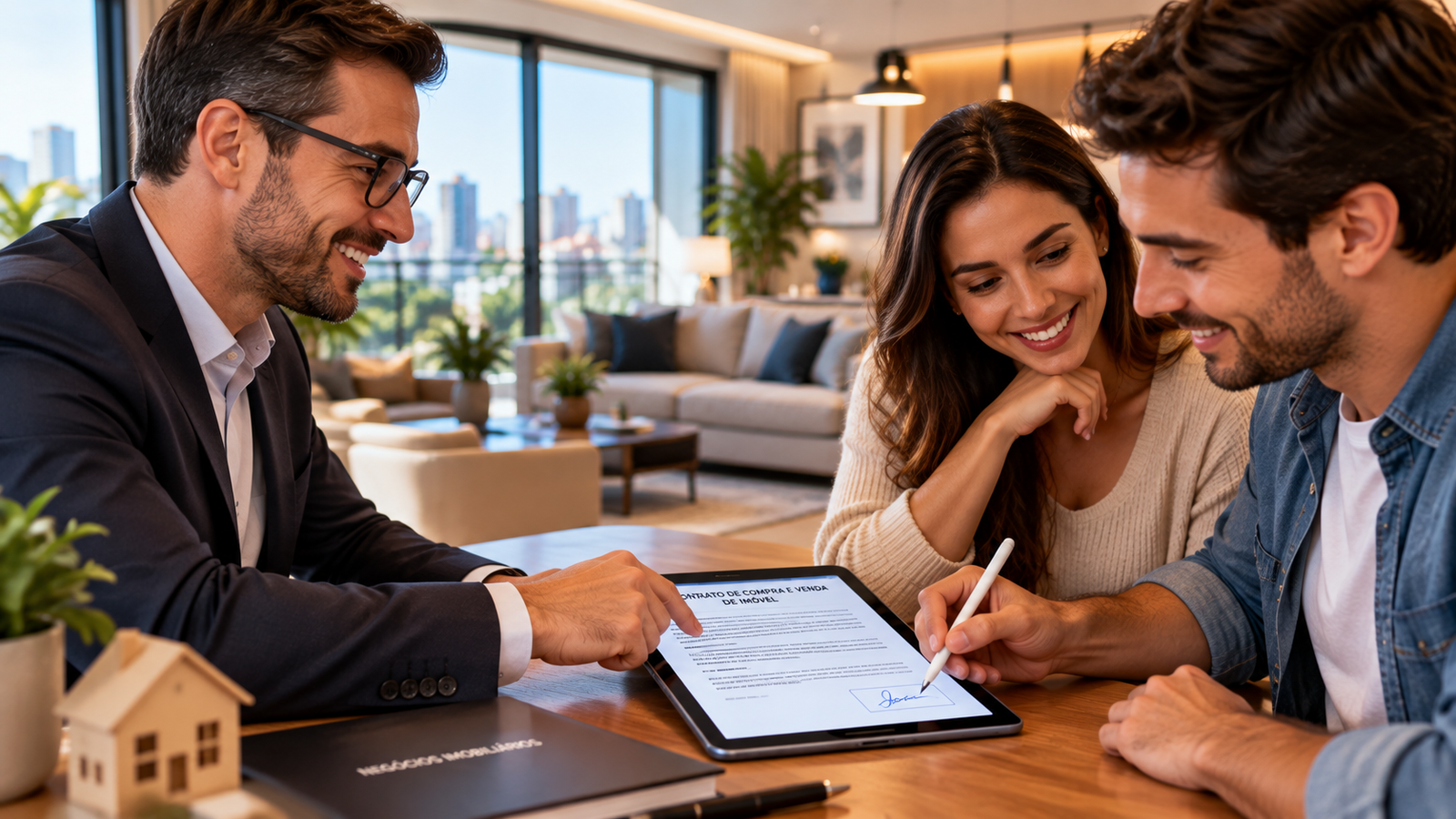 Assinatura digital de contrato imobiliário em tablet