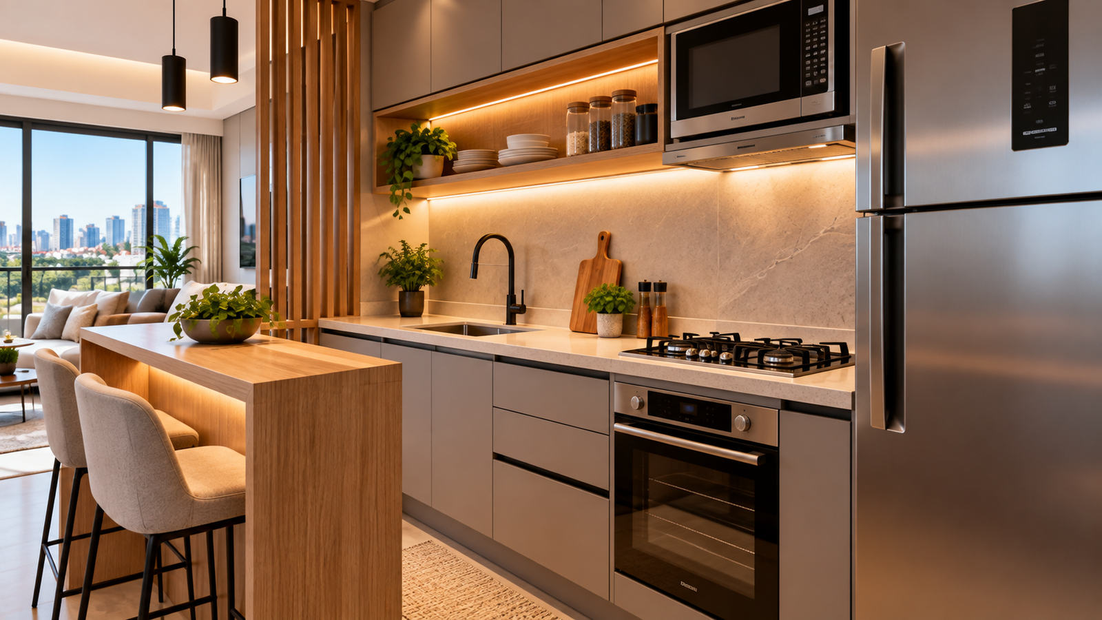 Cozinha compacta integrada à sala de apartamento