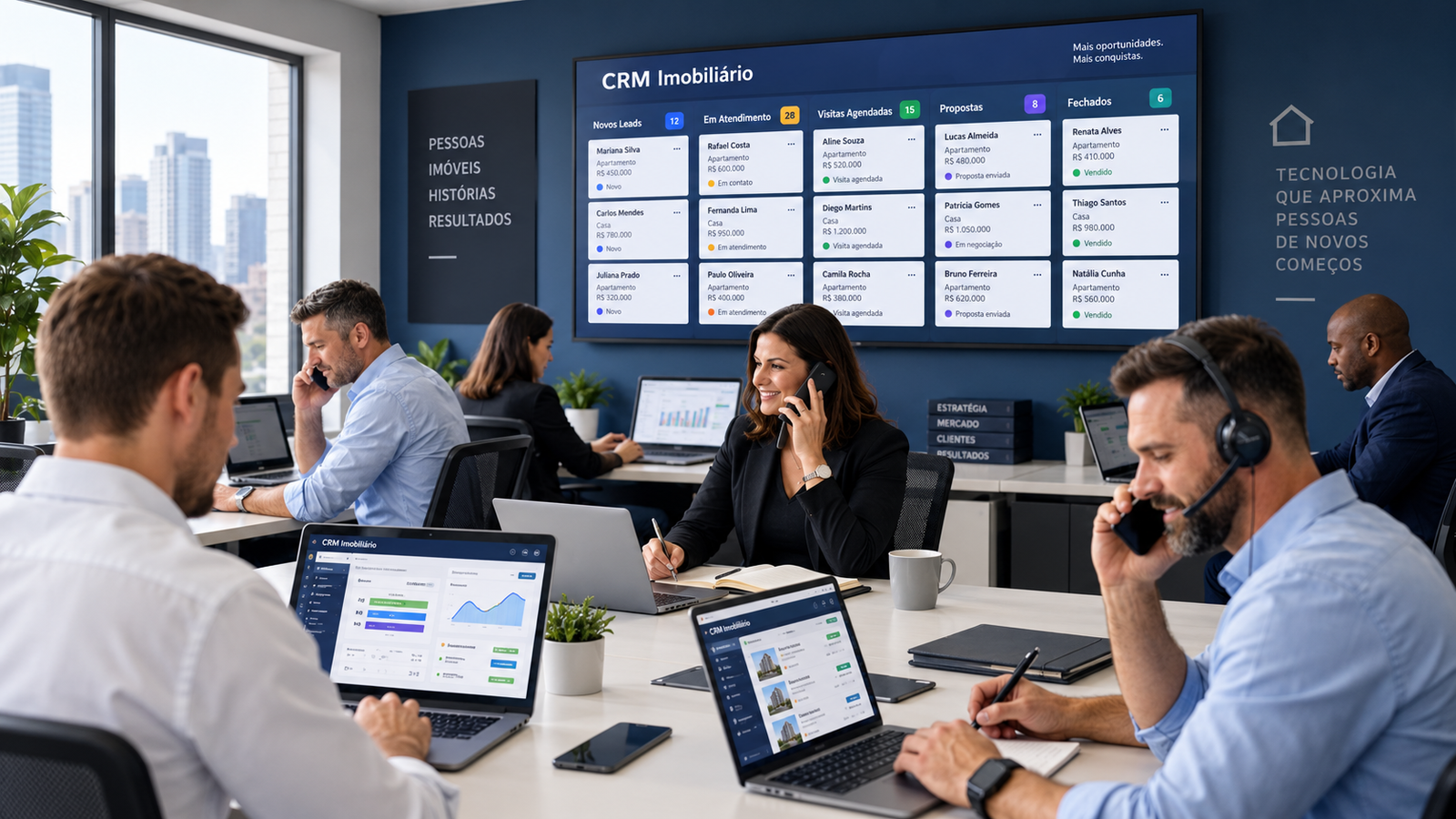Corretor de imóveis utilizando CRM para gerenciar clientes e oportunidades
