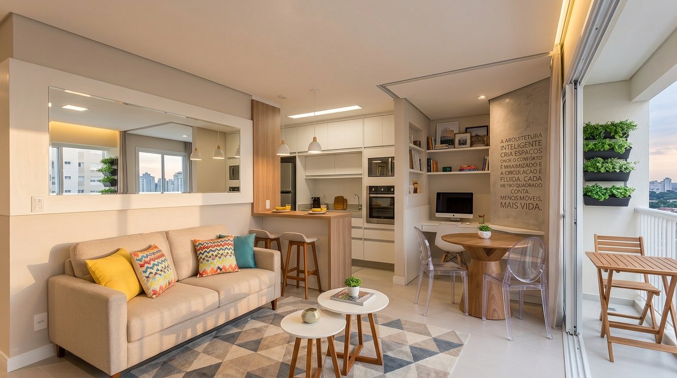 Apartamento pequeno decorado com móveis planejados e ambientes integrados
