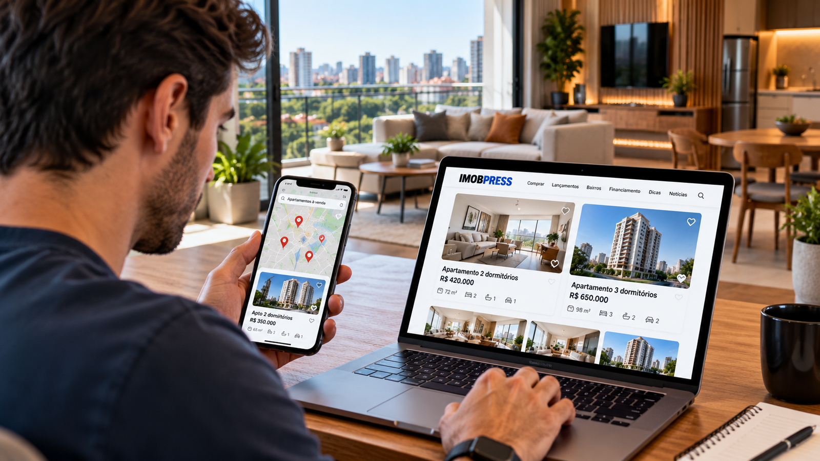 Comprador pesquisando imóveis e comparando opções com ferramentas digitais
