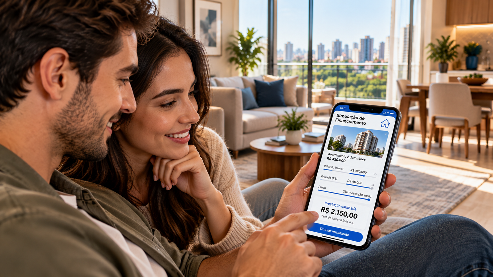 Casal fazendo simulação de financiamento imobiliário pelo celular